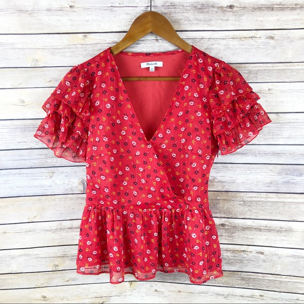 Madewell Tiered Sleeve Peplum Top in Prairie Roses - Picture 1 of 8